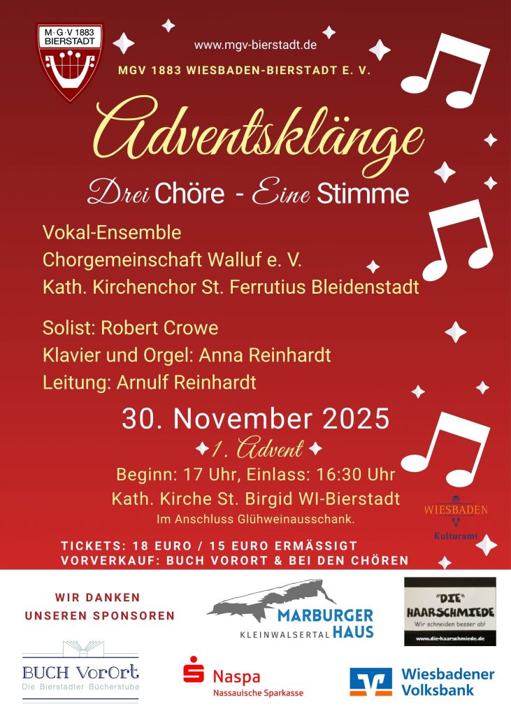 Plakat zum Adventskonzert des MGV 1883 Wiesbaden-Bierstadt e. V. am 30. November 2025
